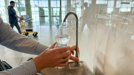 Filling water bottle at airport hydration station, eco friendly travel ritual, sustainable living,...