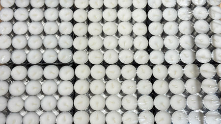 Round tealight symphony, waxen mosaic for Diwali luminance, solstice ritual ambiance, flickering warmth, clustered serenity mindfulnessの写真素材