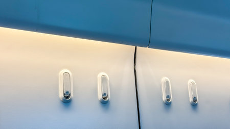 Silent airplane wall, futuristic travel design, whispering panel seams, air bound solitude, National Aviation Day voyage inspirationの写真素材