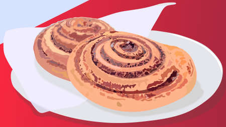 Hot fresh homemade French cinnamon rolls. Hand drawn illustrations. Bakery productsの写真素材