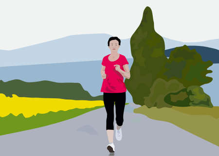 A woman running at high speed is moving along the road.のイラスト素材