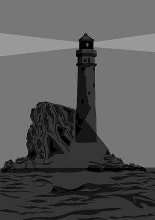 Realistic lighthouse on seashore rock in the nightのイラスト素材