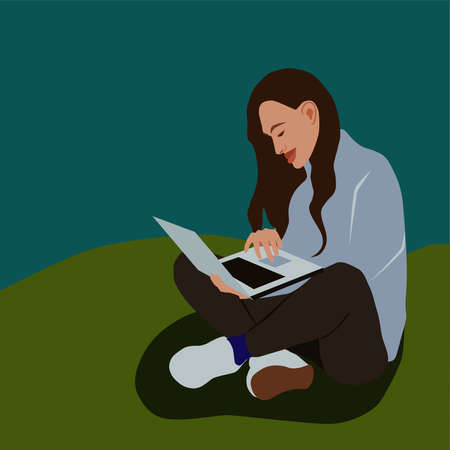 A cute girl is studying business subjects using a computer.のイラスト素材