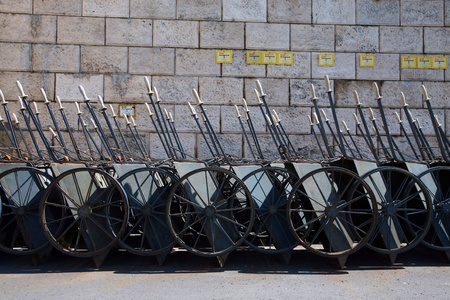 Metallic carts on wheel aligned in the center of Budapestの写真素材