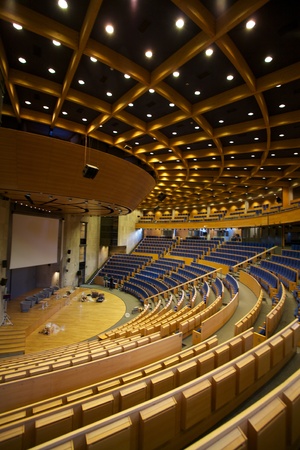 Before the conference. Crew preparing the convention room in Poland.のeditorial素材