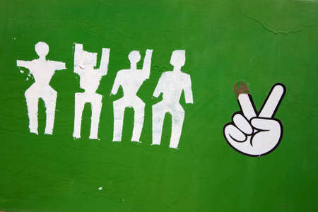 Peace sign on a green background with white pictos