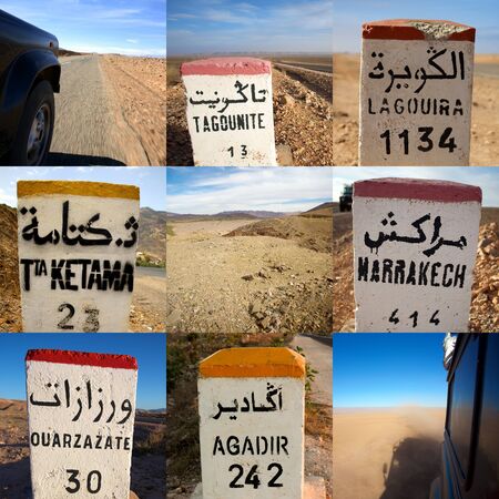 Composition of 9 images in a square format including close-up of signs road in Moroccoのeditorial素材