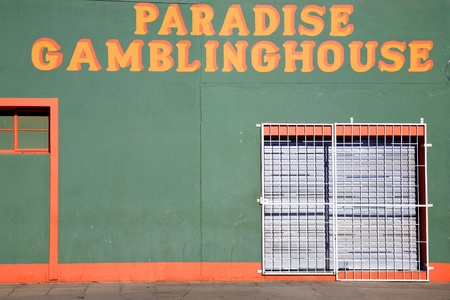 Green House with yellow letters. Detail of architecture in the city of Luderitz, Namibiaのeditorial素材