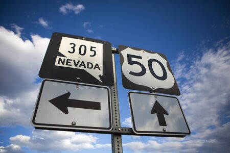 Route 50 sign - the loneliest road in America, Nevadaの写真素材