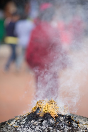 Burning incense sticks outside a temple in Kathmandu, 20 April 2013のeditorial素材