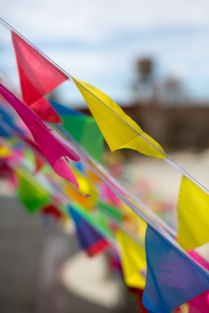 Close up of buddhist prayer flags on a sky background in Himalayas, 18 April 2013.のeditorial素材
