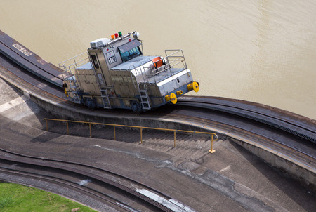 MIRAFLORES LOCKS, PANAMA, JANUARY 03: Trains (mules) side Panama Canal. These mules are used for side-to-side and braking control in the rather narrow locks on January 03 2014 in Panama City.のeditorial素材