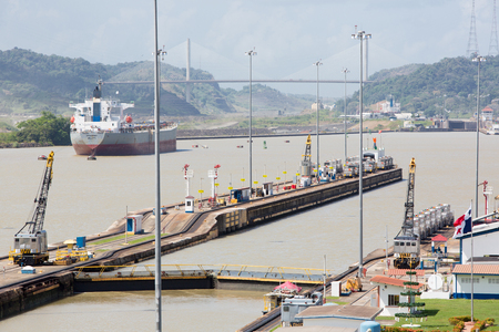Gates and basin of Miraflores Locks Panama Canal filling to raise a ship. Panama City, Panama 2014.のeditorial素材