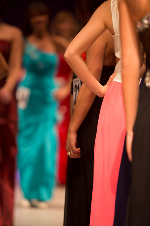 Details of clothing and unrecognisable girls during a beauty fashion show in Brussels. Belgiumのeditorial素材