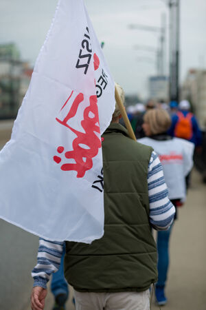 WARSAW, POLAND, SEPTEMBER 11: Unidentified Trade unionists during a demonstration the first day of the Polish national days of protest in Warsaw. Poland 2013.のeditorial素材