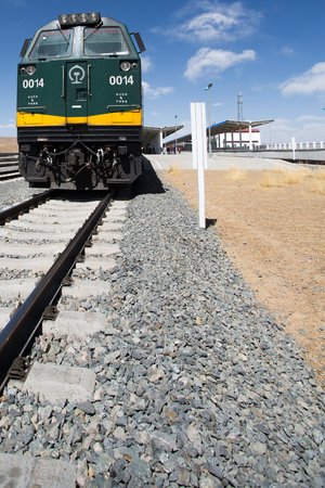 View of the locomotive of the Shanghai - Lhasa train stopped in a train station in Tibet. China 2013.のeditorial素材