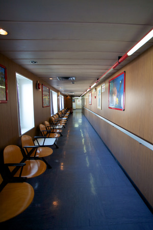 Interior of an empty vintage passengers deck on a ferry from Italy to Croatia in 2011.