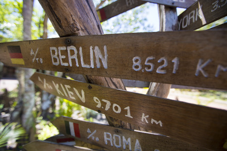 Multi destination Wooden sign arrows in Canaima National Parkk, Venezuela 2015の写真素材