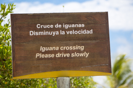 Wooden sign protecting a closed area during nesting near the coast of Isabela island in order to preserve the iguanas population. Galapagos Islands. Ecuador 2015の写真素材