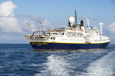 PUERTO AYORA, GALAPAGOS, FEBRUARY 13: National Geographic Endeavour ship seen cruising in the bay of...
