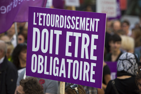 BRUSSELS, BELGIUM, SEPTEMBER 28: Belgian Gaia activists protest on the streets of Brussels on September 28, 2014 against slaughter without stunning. Support of people to petition for stunning animals before slaughter so they are unconscious before being kのeditorial素材