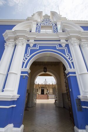 Blue colonial architecture in the historic center of Trujillo, Peruの写真素材