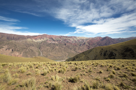Mountain of fourteen colors, Quebrada de Humahuaca against a blue sky, Northern Argentinaの写真素材