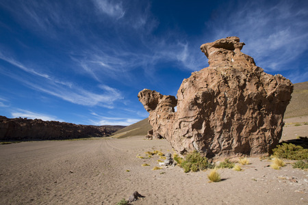 Geological rock formation with the shape of a camel against a clear blue sky. Boliviaの写真素材