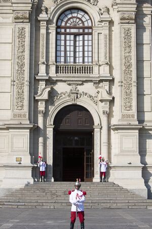 LIMA, PERU, JANUARY 19: Guards of the presidential palace at work outside in the center of Lima, Peru 2015のeditorial素材