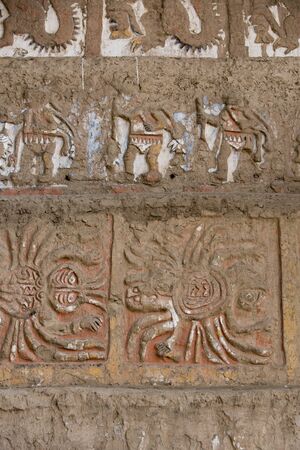 Details of an ancient fresco in Huaca de la Luna in Trujillo, Peruの写真素材