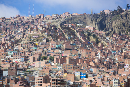 LA PAZ, BOLIVIA, JANUARY 4: Aerial view of La Paz during the day, capital of Bolivia. Downtown of...