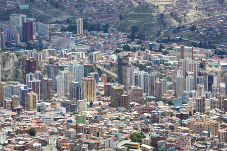 LA PAZ, BOLIVIA, JANUARY 4: Aerial view of La Paz during the day, capital of Bolivia. Downtown of the city with a lot of residential buildings. Bolivia 2015のeditorial素材