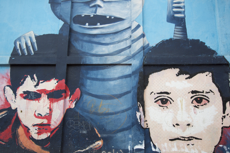 Colorful graffiti in the historic district of Bogota designed by unknown artist. Bogota offers loads of street artworks landmarks. Colombia 2015のeditorial素材