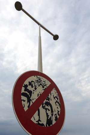 Red and white sign depicting the political status During The military dictatorship in 1982. Parque de la Memoria in Buenos Aires, Argentina 2014 Memory Parkのeditorial素材