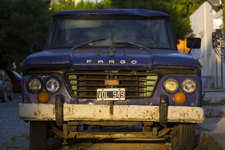 Front view of vintage blue Fargo car in the street of Buenos Aires with sunset light, Argentina 2014のeditorial素材