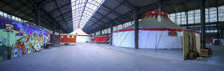 Panorama view of the Interior of industrial warehouse with Tower and Taxi circus school in Brussels. Belgium 2006のeditorial素材