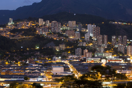 Aerial view of Medellin at night with residential and office buildings. Colombia 2015のeditorial素材