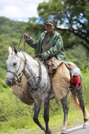 Gaucho On His horse traveling on the ruta 40 Route 40 with the Andean mountains in the background. Province of Jujuy, Argentina 2014のeditorial素材