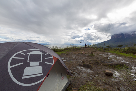 Campsite under the rain on the way to Roraima tepui with cloudy sky at dawn. Gran Sabana. Venezuela in 2015.のeditorial素材