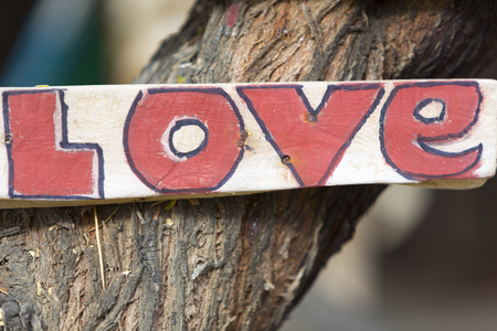 White and red rustic wooden love sign hooked on a tree in Punta Sal, Peruの写真素材