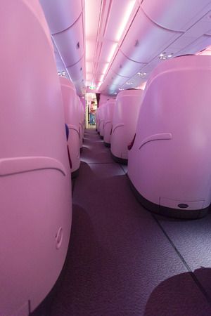 Pink interior of the business class section in the A380 Boeing Airliner.のeditorial素材
