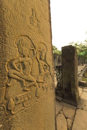 Details of carving sculpture architecture at Angkor Wat temple, Siem Reap province.