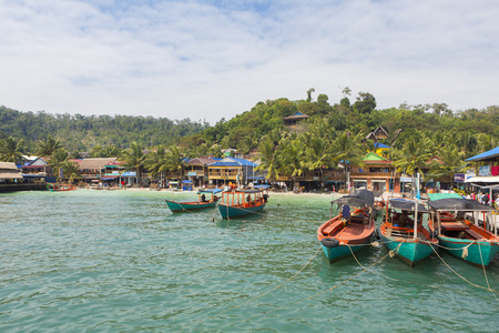 Beautiful Village view with traditional Khmer boats, beach of Koh Rong Island near Sihanoukville, Gulf of Thailand, Cambodia, South East Asia 2016のeditorial素材