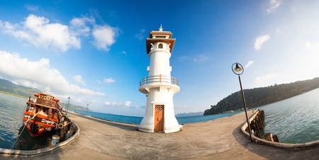Panoramic view of Bang Bao lighthouse and boats at the pier in Koh Chang island. thailandのeditorial素材