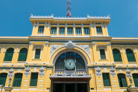 Saigon Central Post Office on blue sky background in Ho Chi Minh, Vietnam. Steel structure of the gothic building was designed by Gustave Eiffel. Ho Chi Minh is a popular tourist destination of Asia. Vietnamのeditorial素材