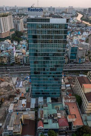 Ho Chi Minh City skyline aerial view with small colored residential houses, medium class district of the capital of Vietnam in 2016のeditorial素材