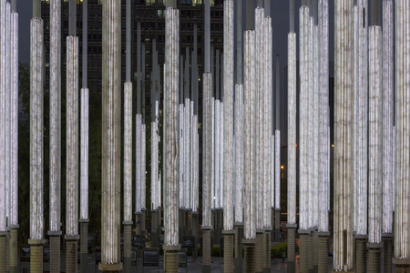 Modern architecture at the Parque de las Luces Park of Lights in gold Cisneros Square at night, Medellin. Colombia 2015のeditorial素材
