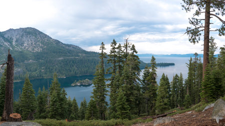 Tranquil Mountain Landscape with Majestic Coniferous in Lake Tahoe Nevada State Parkの写真素材