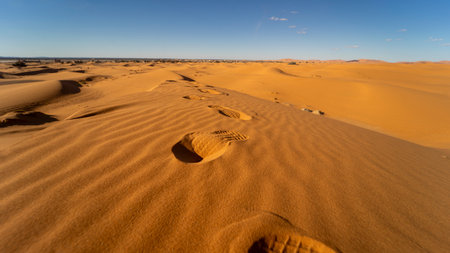 Sunset light and footprints in the desert of Merzouga in Moroccoの写真素材