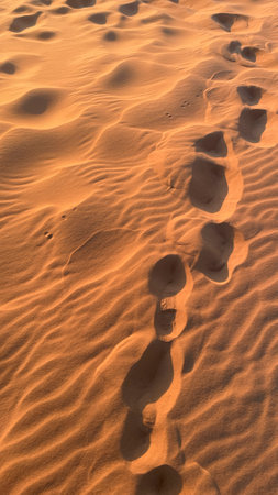 Sunset light and footprints in the desert of Merzouga in Moroccoの写真素材